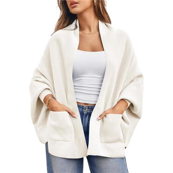Womens Open Front Cardigan Batwing Long Sleeve Shawl Chunky Knit - Picture 1 of 5